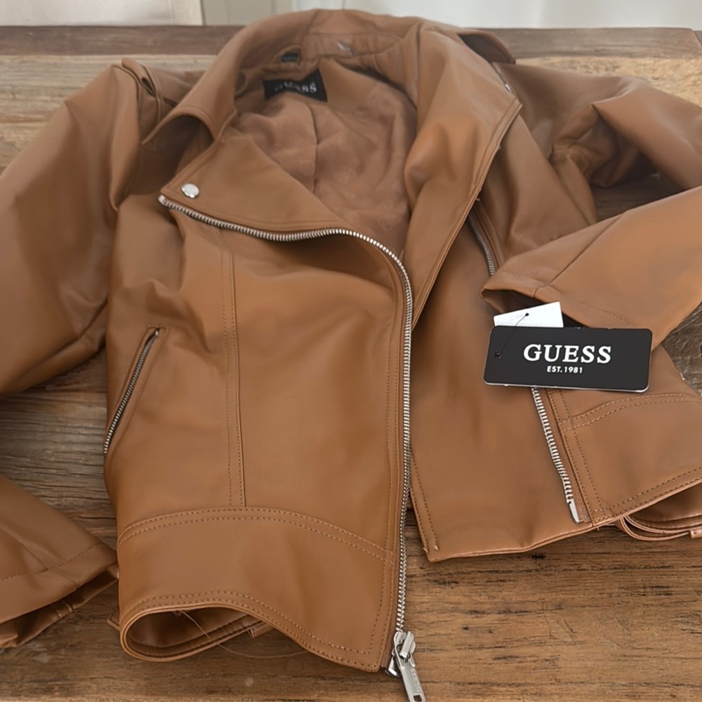 Guess Tan Leather Moto Jacket Asymmetrical Zipper - Picture 4 of 4